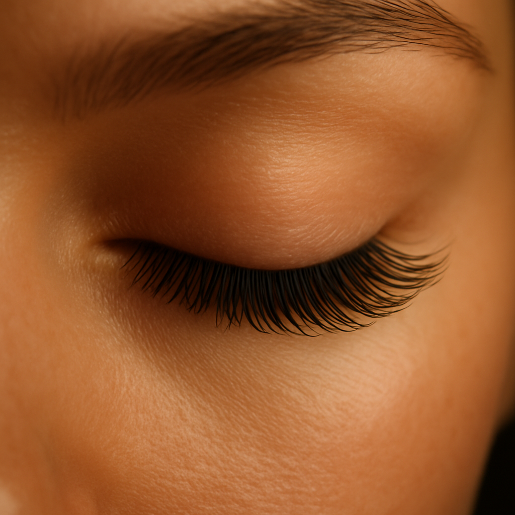 Nahaufnahme eines perfekt geschwungenen, natürlichen Wimpernlifts